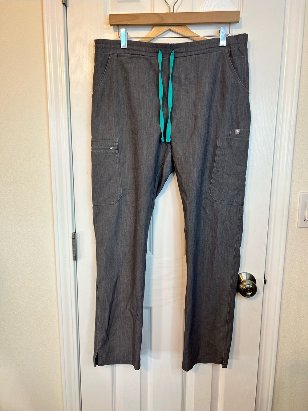 FIGS Women's Gray Cargo Pants with Teal Drawstring